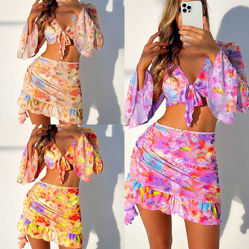 Women’s Long Sleeve Tie-Front Crop Top and Ruffle Wrap Mini Skirt Cover-Up Set