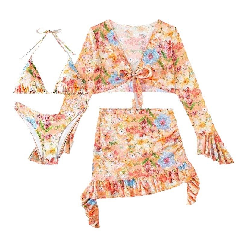 Women's four-piece floral print swim set featuring a triangle bikini, long-sleeve tie-front crop top, and ruffle wrap mini