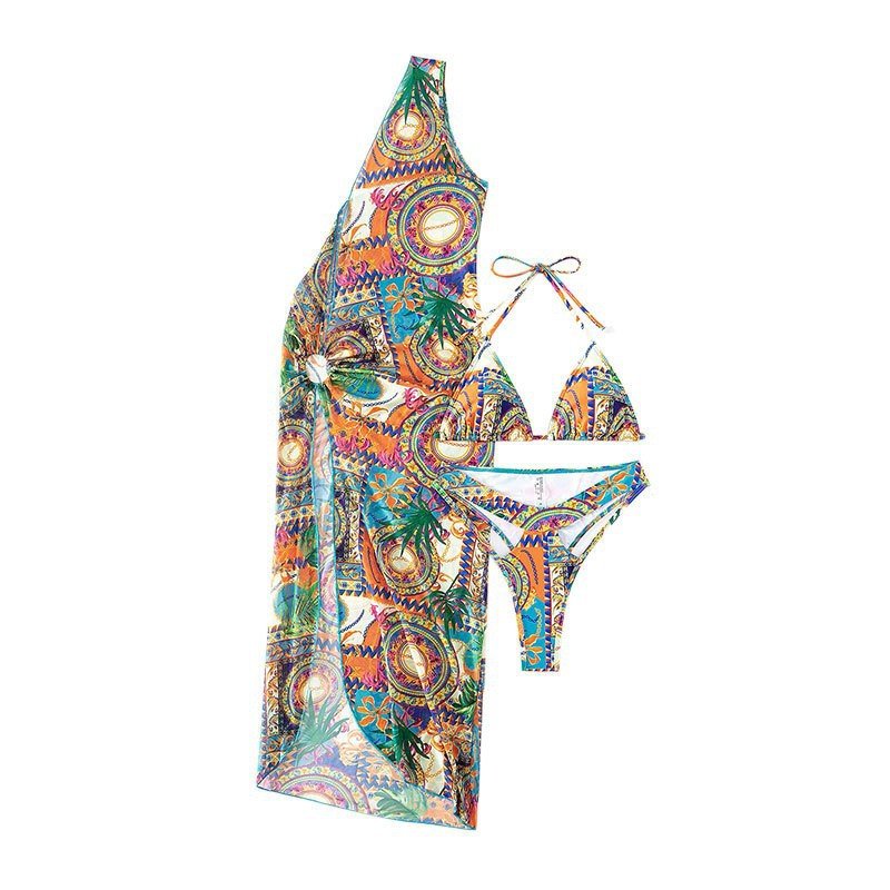 Colorful printed one-shoulder high-slit cover-up dress with triangle bikini set.