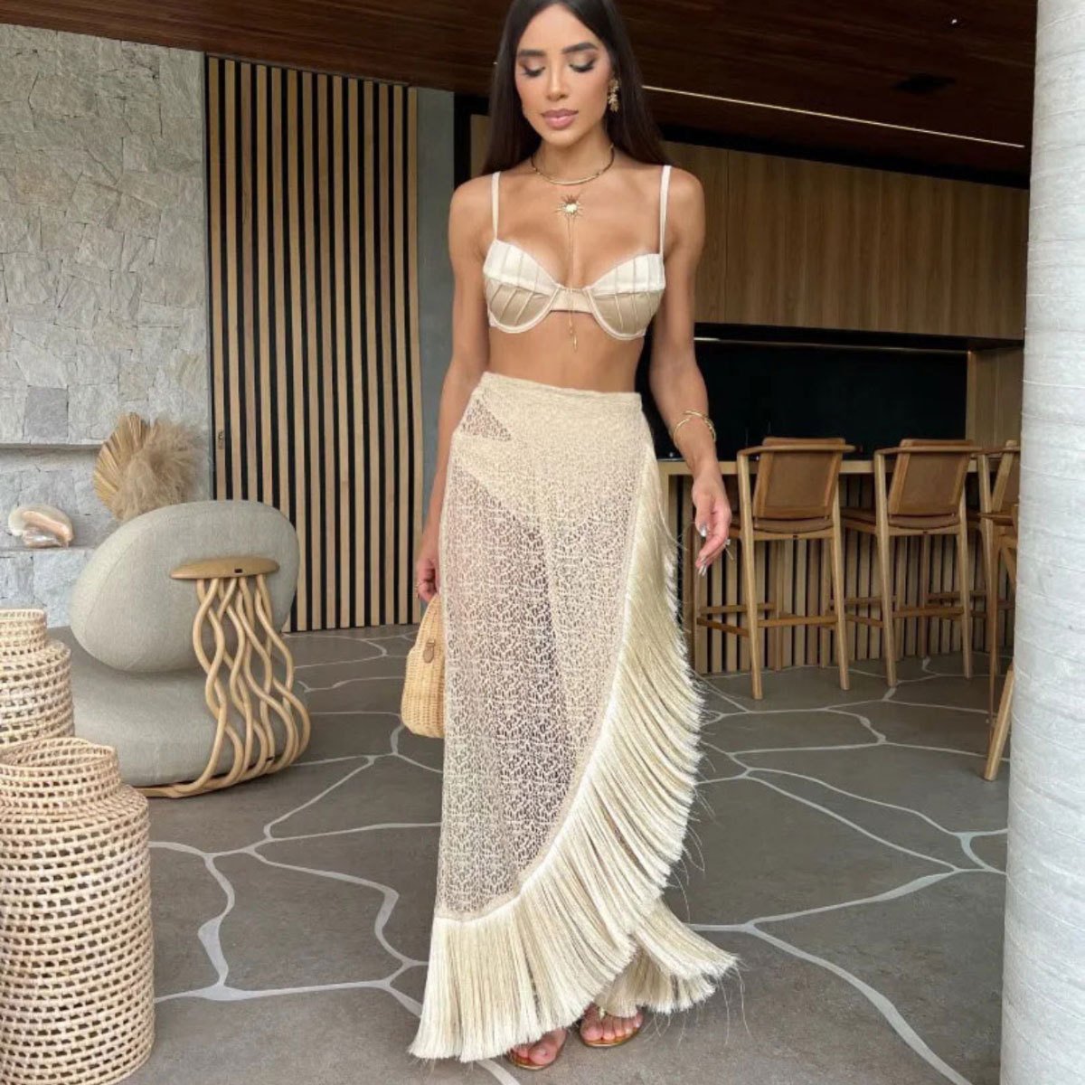 Three-Piece Bikini Set with Fringed Crochet Maxi Skirt