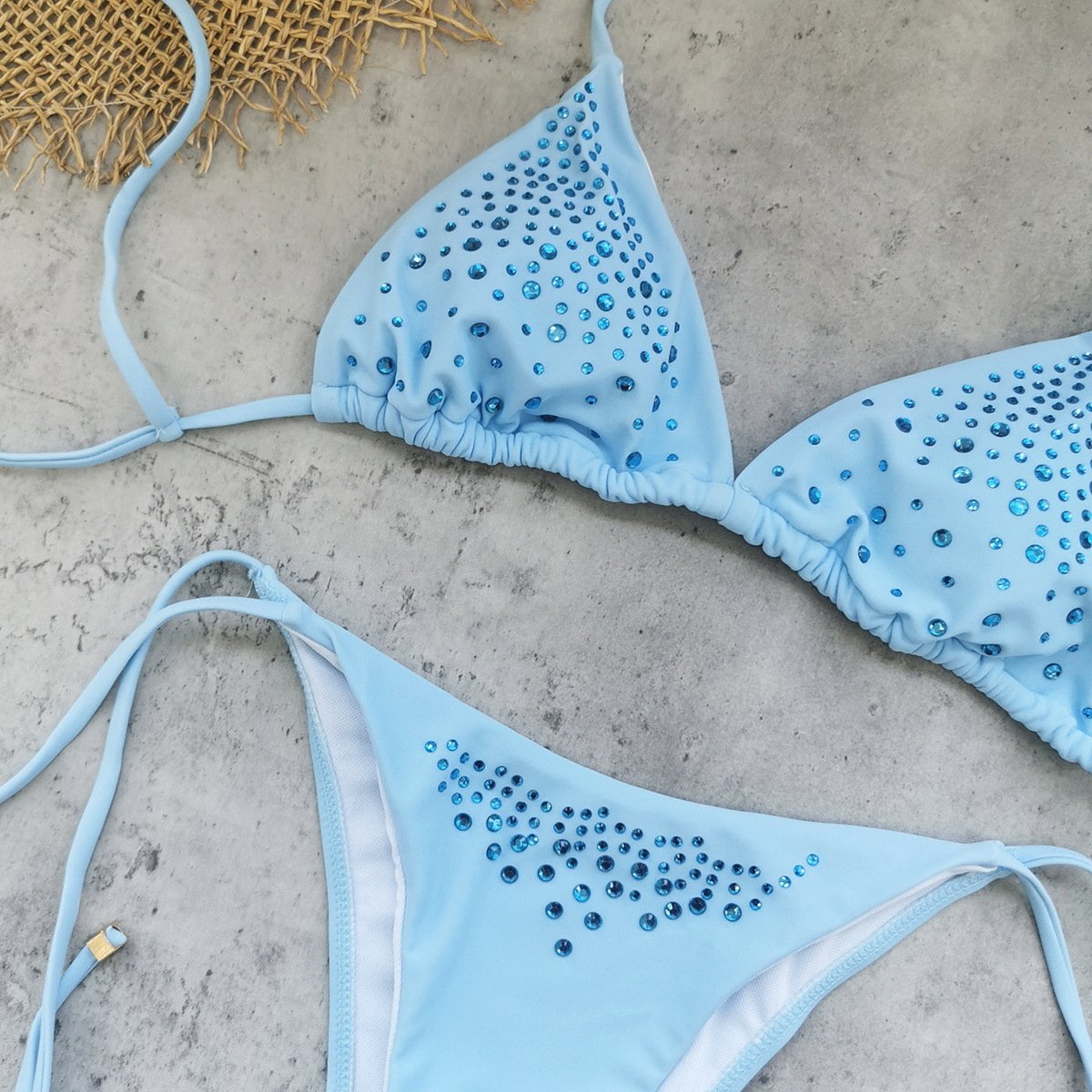 Light blue rhinestone triangle bikini top and matching string side bottom set.