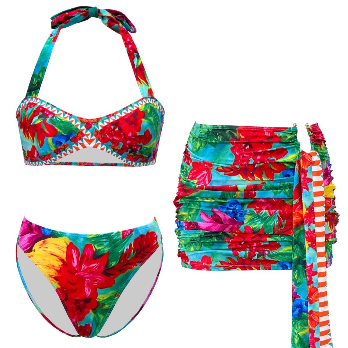 A colorful three-piece floral print bikini set featuring a halter top, bottoms, and a ruched side-tie mini skirt.