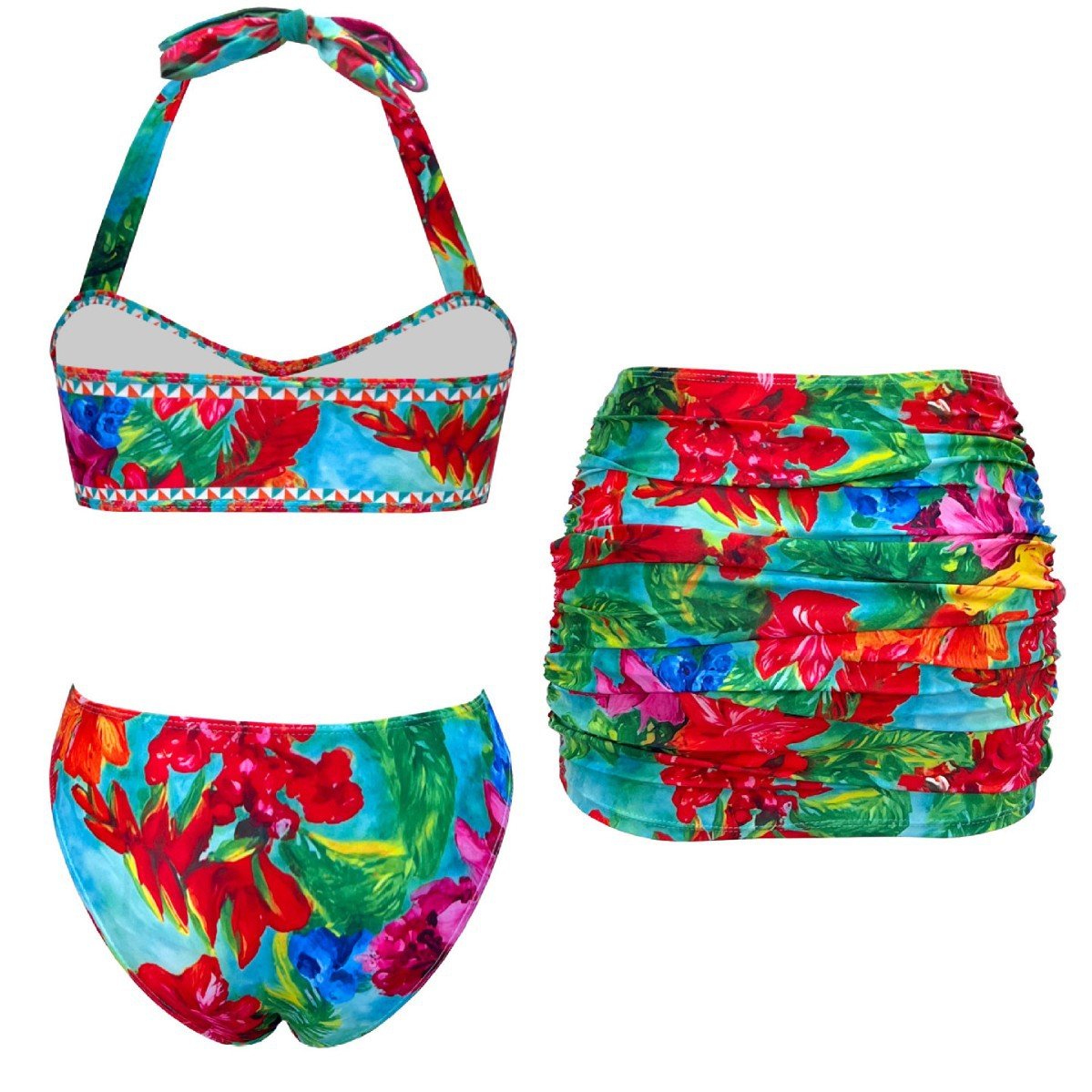 Colorful floral three-piece bikini set with halter top, bottoms, and ruched mini skirt.