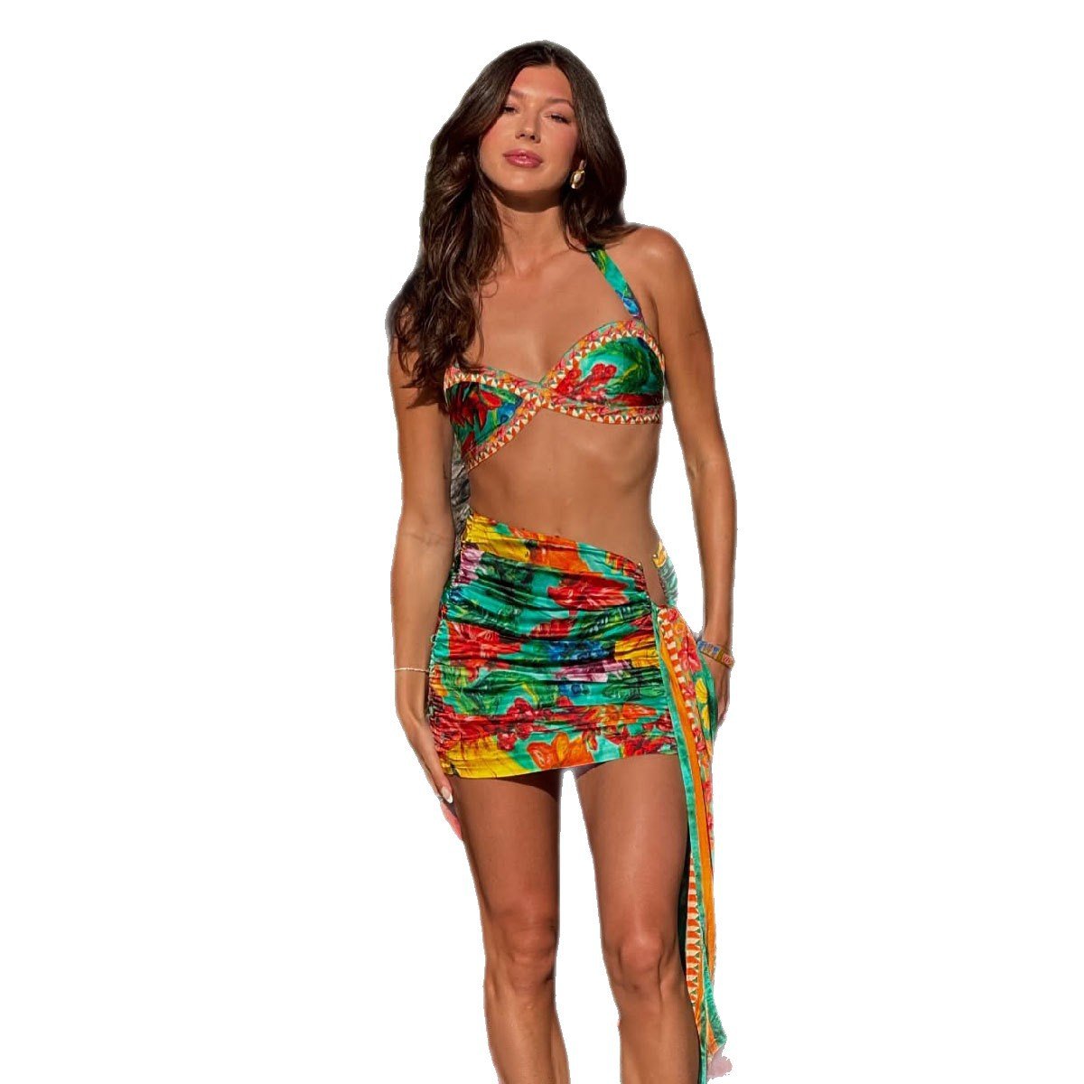 Colorful floral three-piece bikini set with a halter top and ruched side-tie mini skirt.