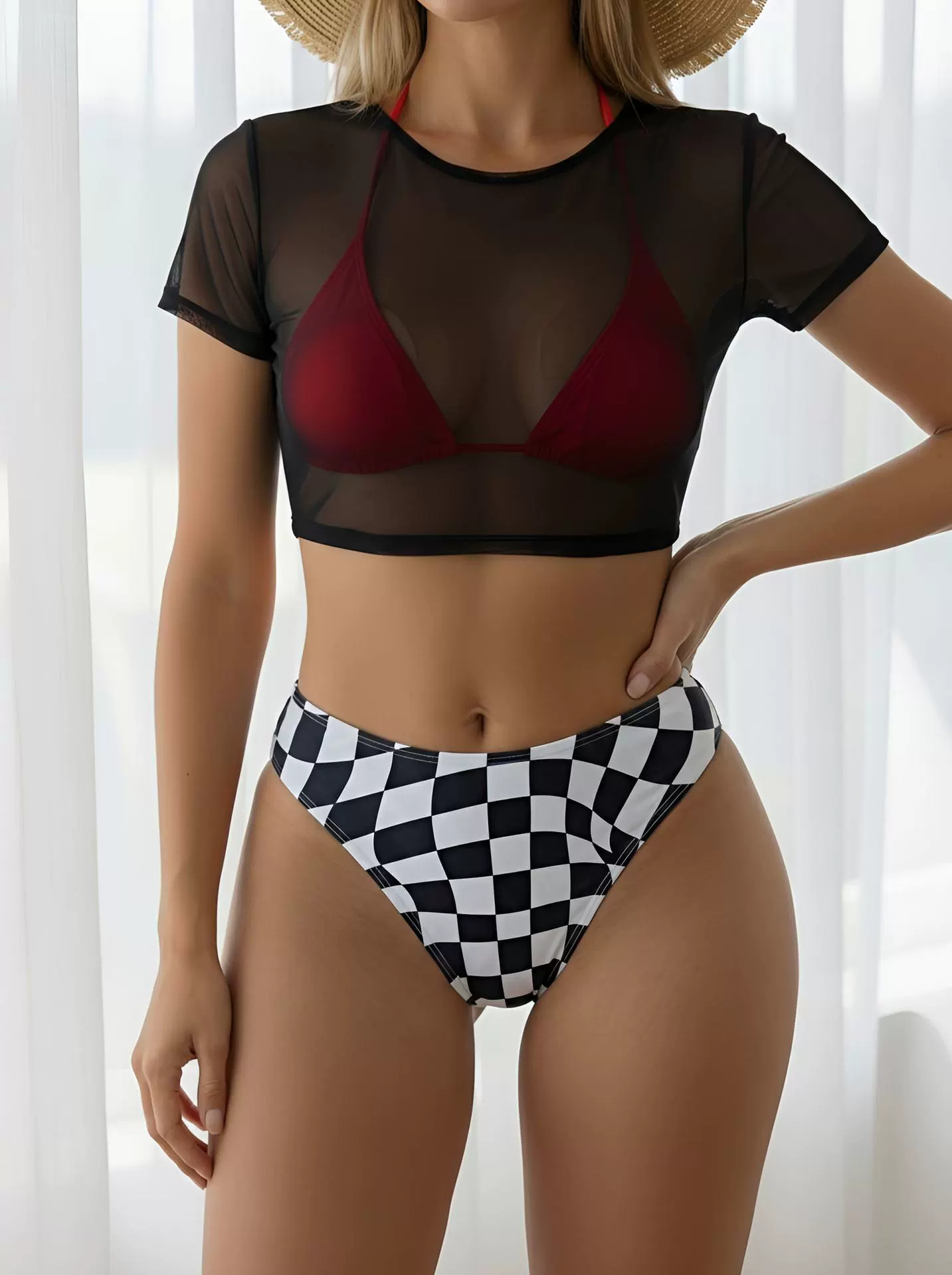 Women's Three Piece Triangle Bikini Set with Sheer Cover-Up Top view 3