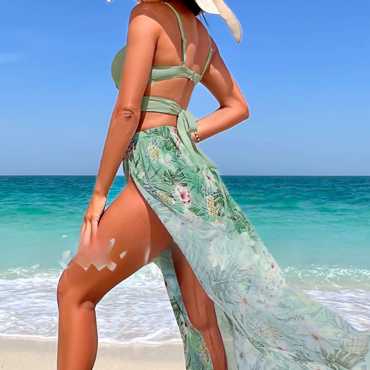 Women’s Three-Piece Cross Wrap Bikini Set with Maxi Cover-Up Skirt