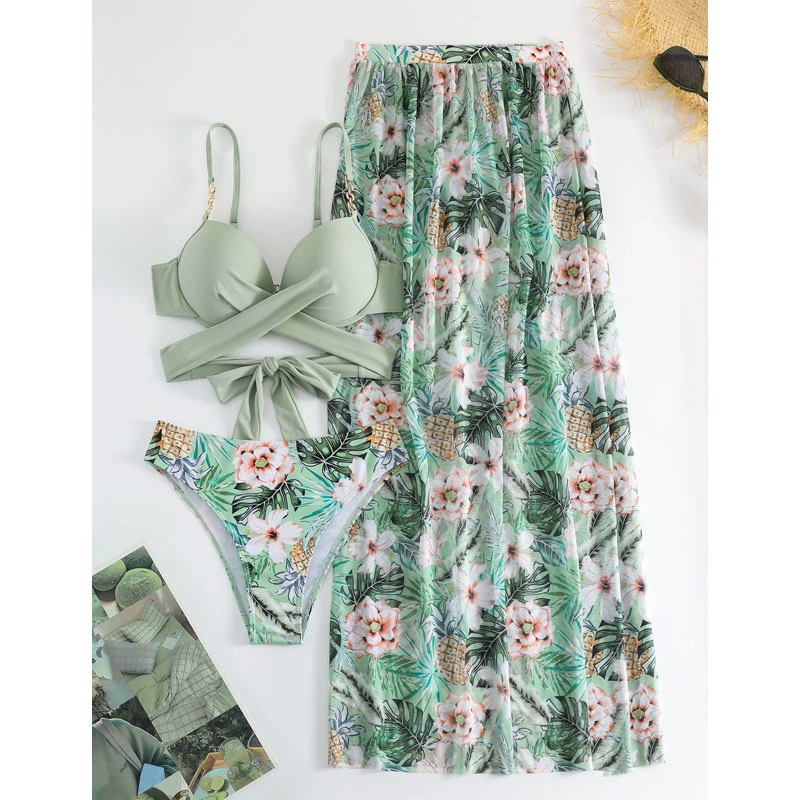 Women's Three-Piece Cross Wrap Bikini Set with Maxi Cover-Up Skirt view 3