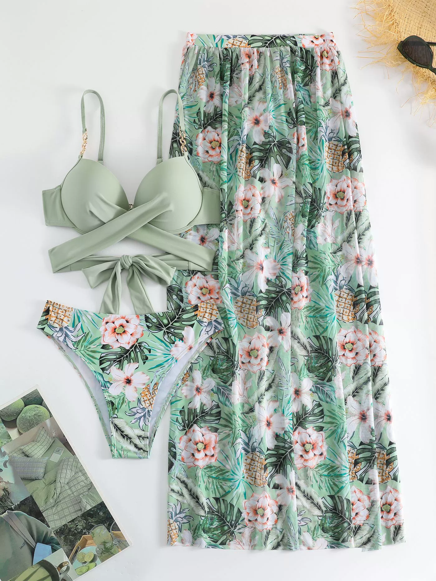 Women's Three-Piece Cross Wrap Bikini Set with Maxi Cover-Up Skirt view 6