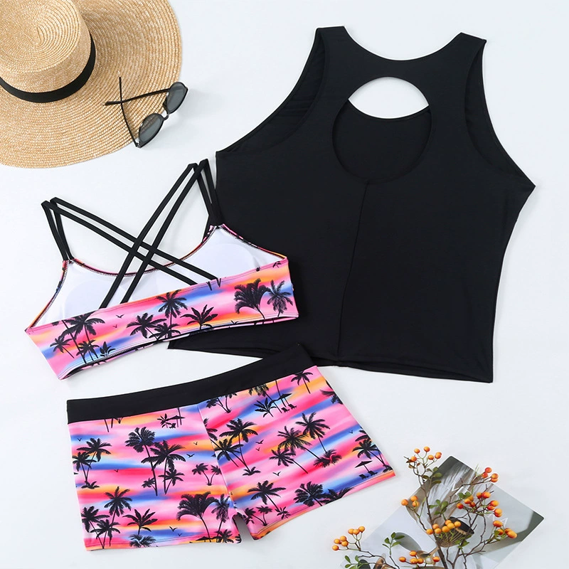 Women’s Three-Piece Tankini Set with Cross-Strap Top and Boyshort Bottoms