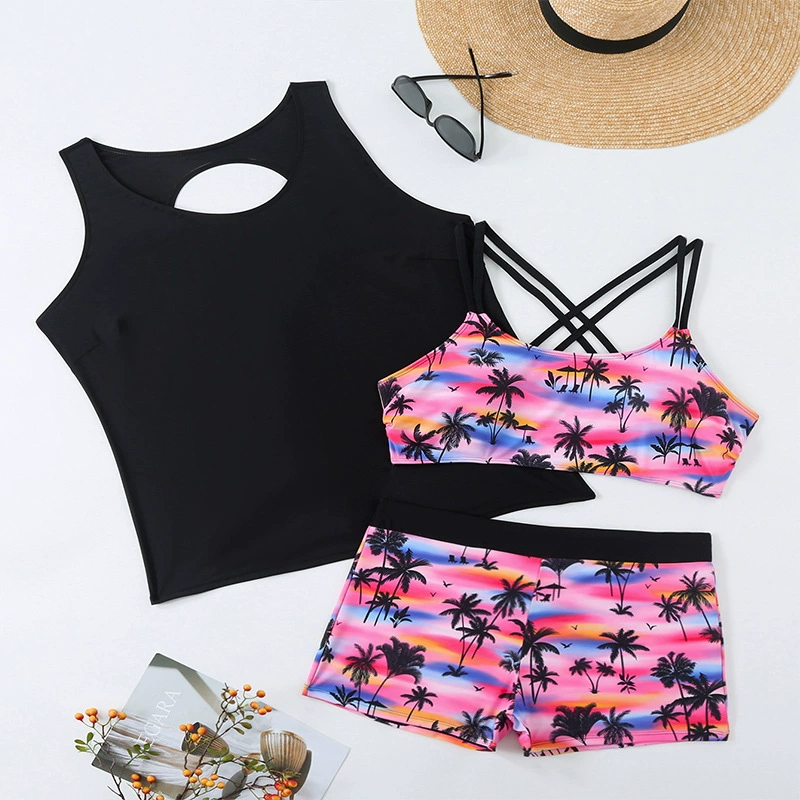 Women's Three-Piece Tankini Set with Cross-Strap Top and Boyshort Bottoms view 6