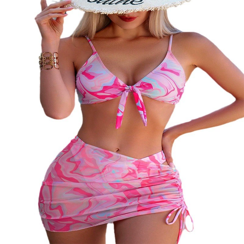 Women's Three Piece Tie Front Triangle Bikini Set with Skirt view 5