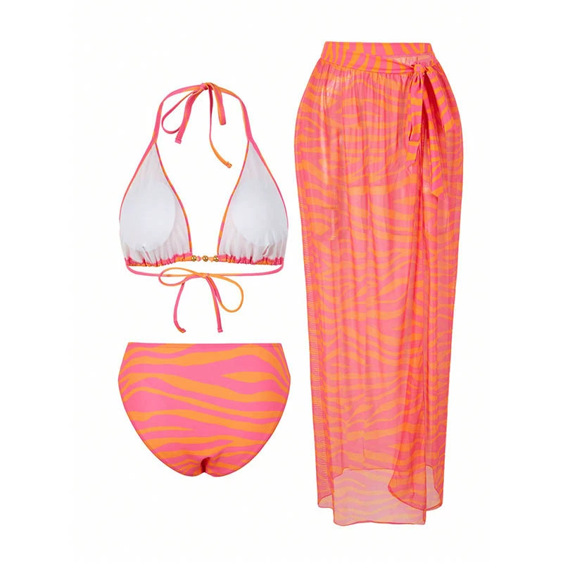 Women’s Three-Piece Halter Triangle Bikini Set with Wrap Skirt