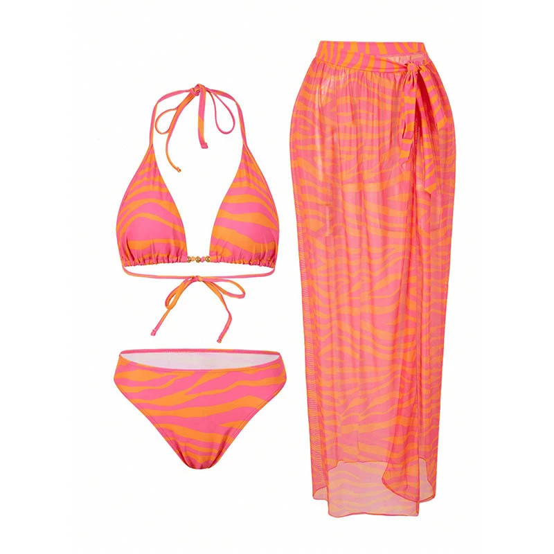 Women's Three-Piece Halter Triangle Bikini Set with Wrap Skirt view 4