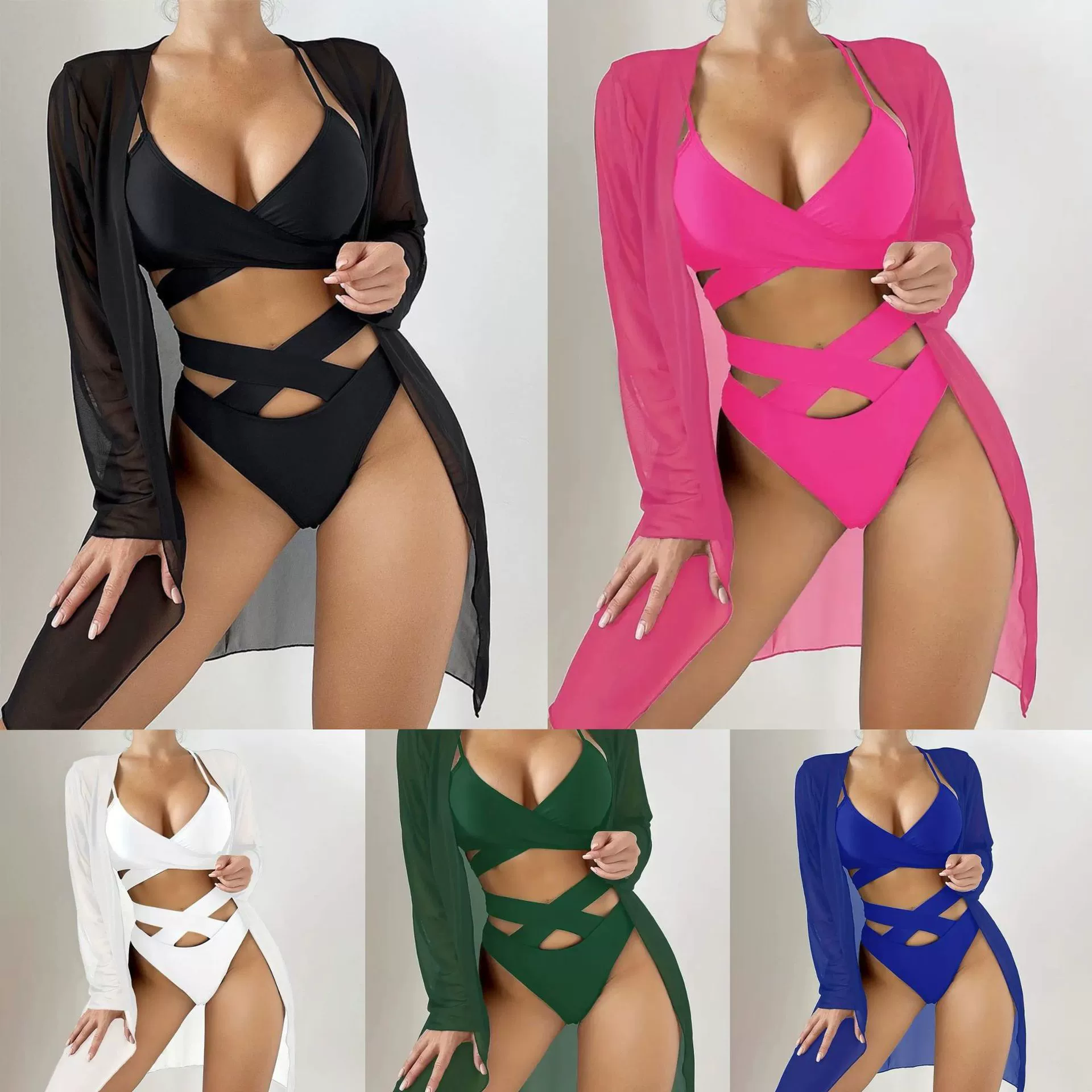 Women’s Three-Piece Strappy Bikini Set with Long Sleeve Cover-Up