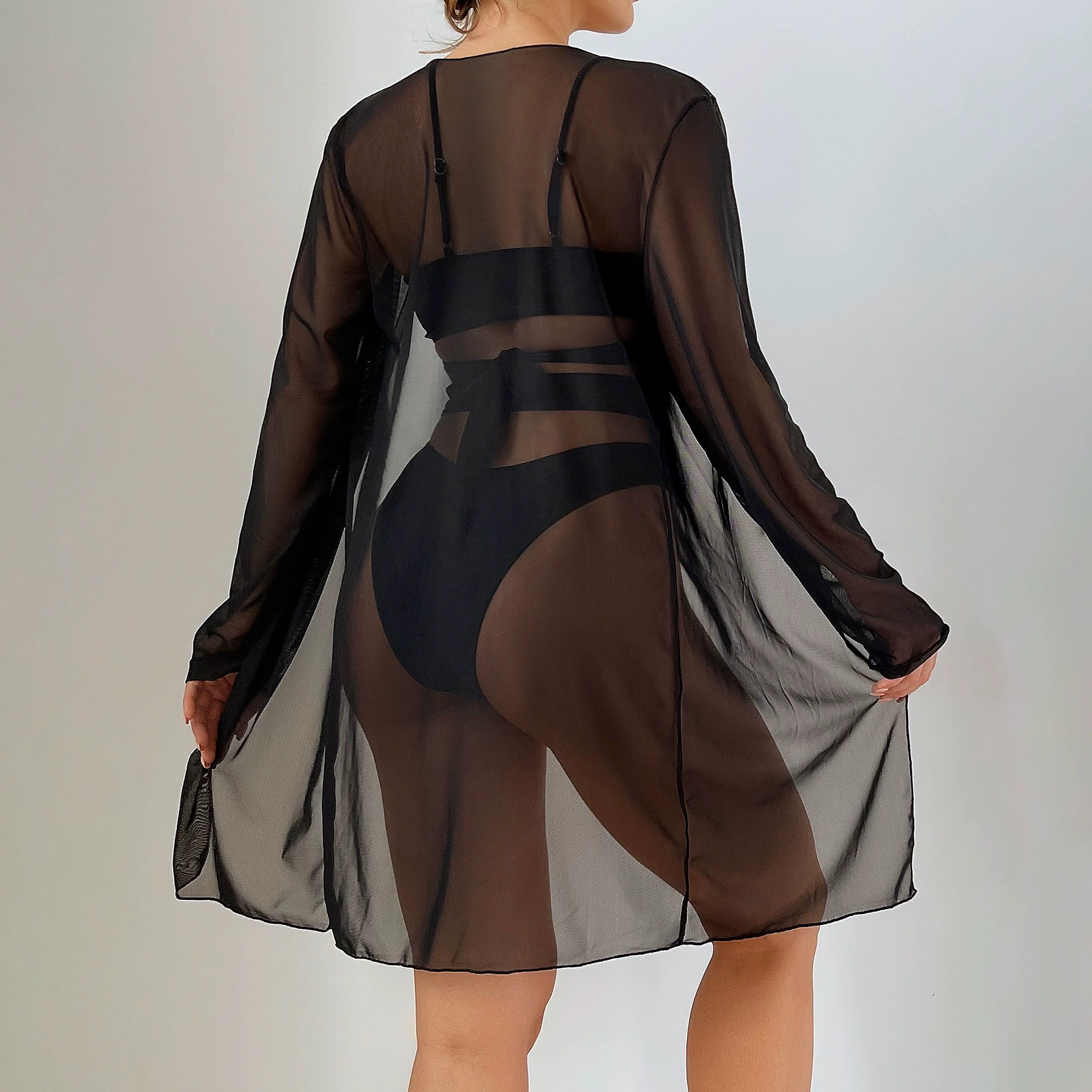 Women's Three-Piece Strappy Bikini Set with Long Sleeve Cover-Up view 3