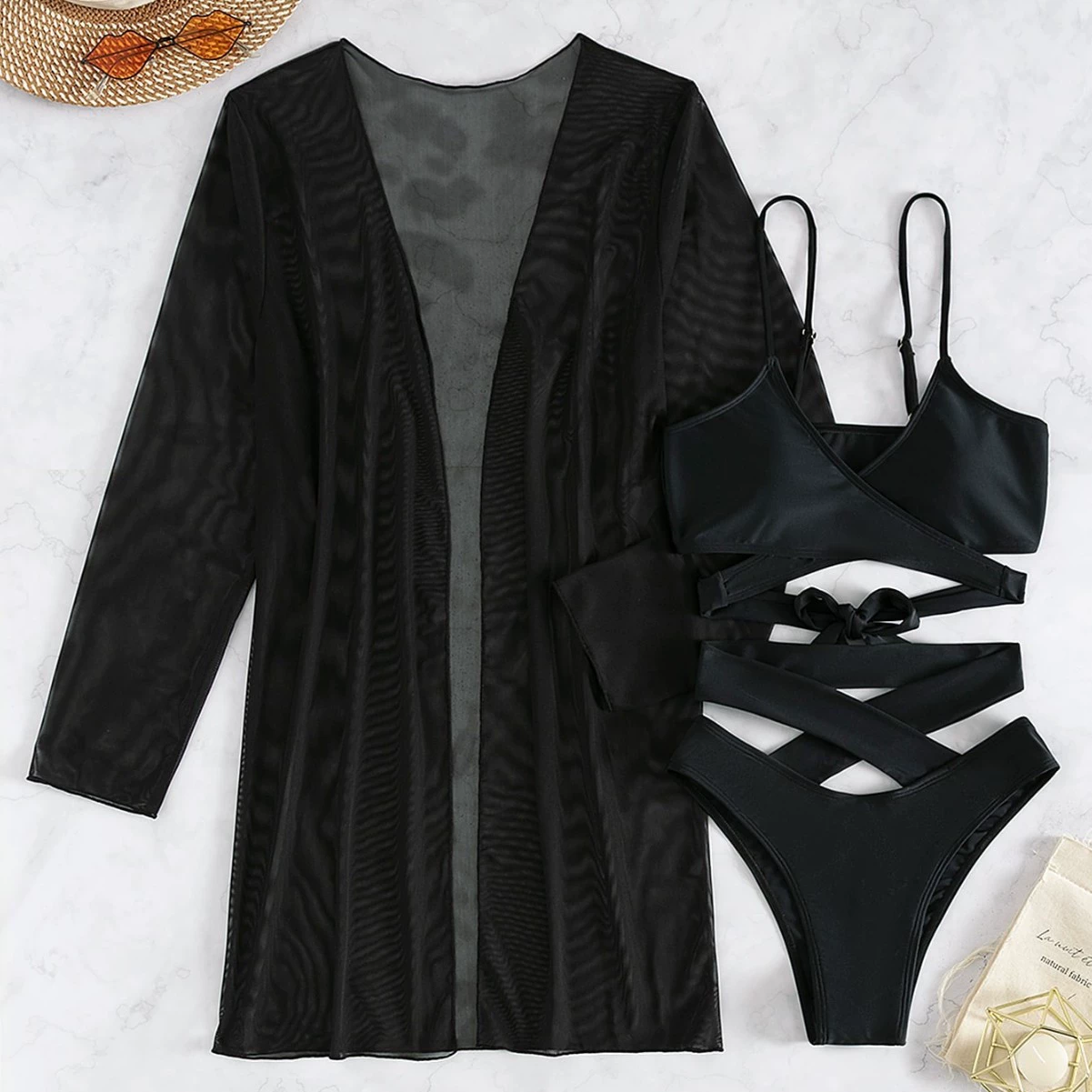 Women's Three-Piece Strappy Bikini Set with Long Sleeve Cover-Up view 4