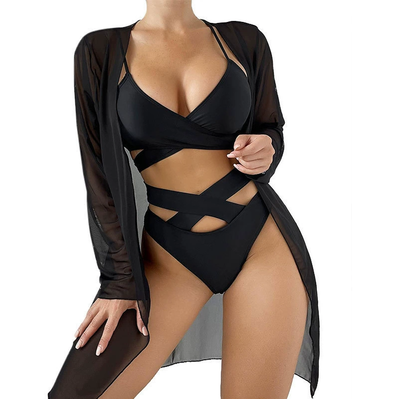 Women's Three-Piece Strappy Bikini Set with Long Sleeve Cover-Up view 5