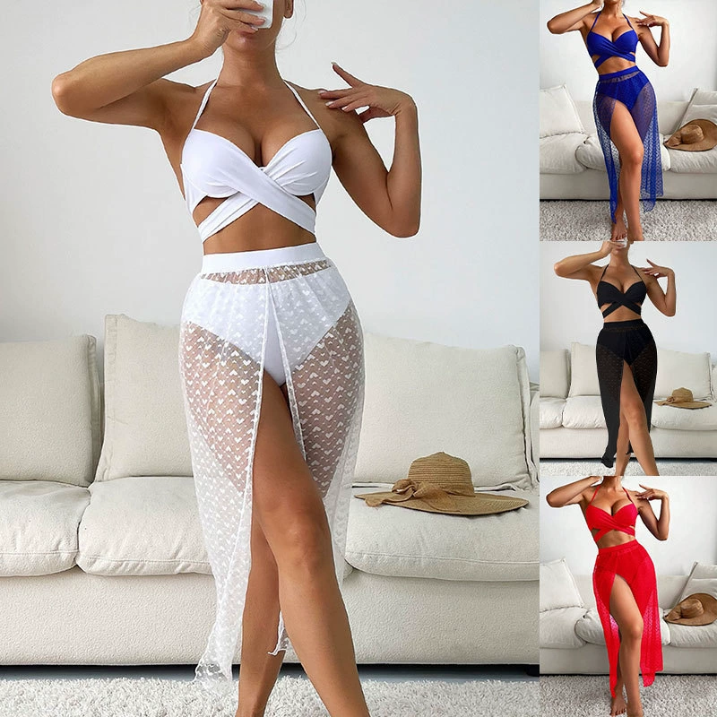 Women Three-Piece Halter Bikini Set with Sheer Maxi Cover-Up Skirt