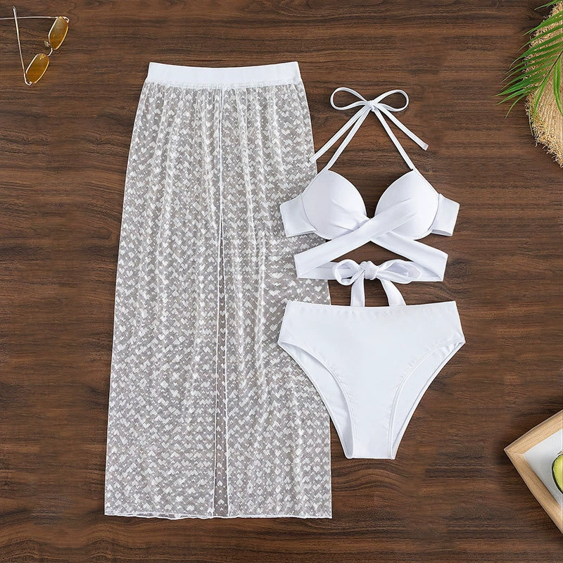 Women Three-Piece Halter Bikini Set with Sheer Maxi Cover-Up Skirt view 4