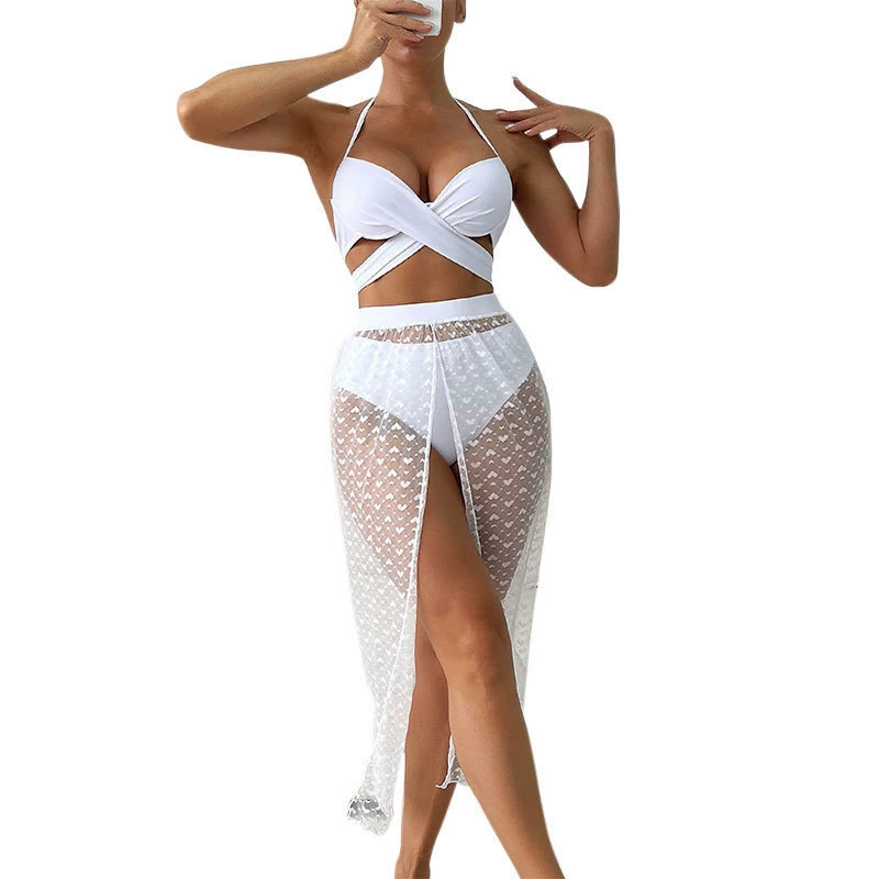 Women Three-Piece Halter Bikini Set with Sheer Maxi Cover-Up Skirt view 5