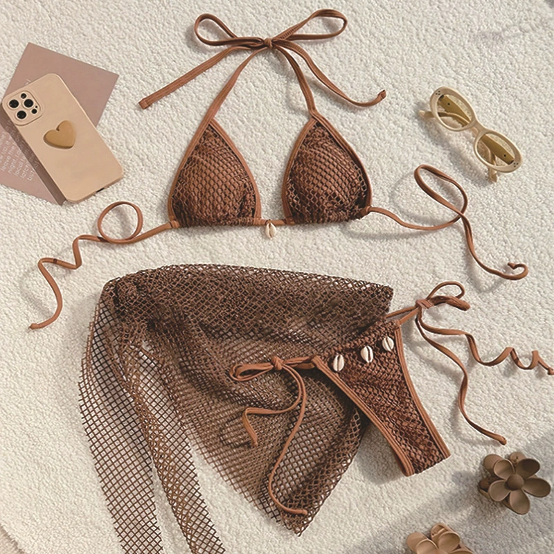 Women’s Three-Piece Triangle Tie Bikini Set with Mesh Cover-Up Skirt
