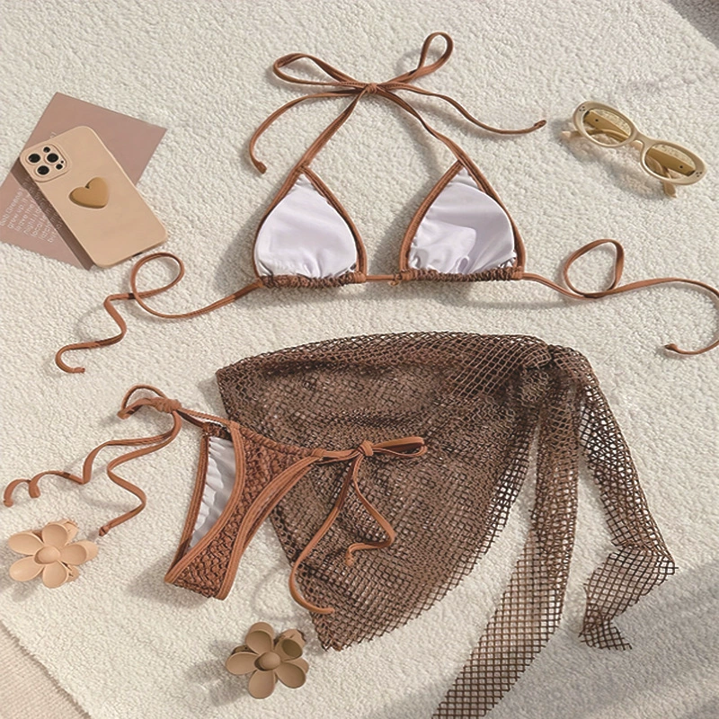 Women’s Three-Piece Triangle Tie Bikini Set with Mesh Cover-Up Skirt