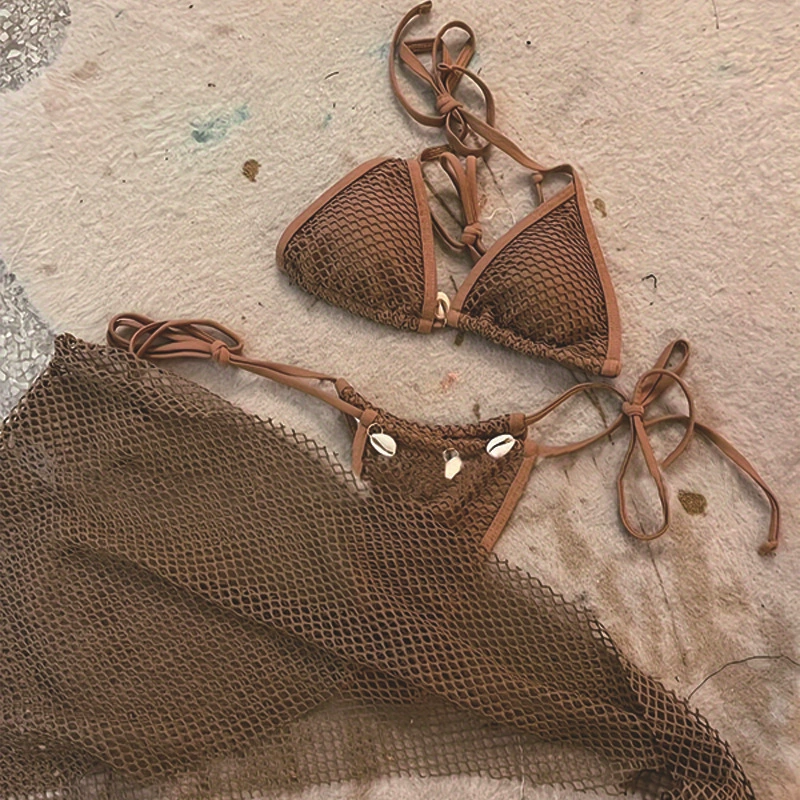 Women's Three-Piece Triangle Tie Bikini Set with Mesh Cover-Up Skirt view 3
