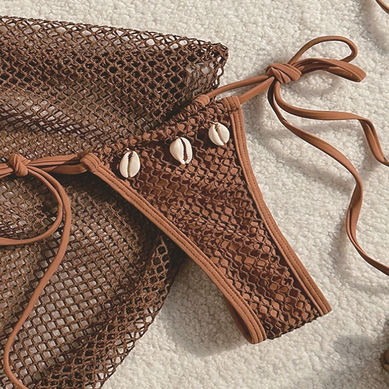 Women's Three-Piece Triangle Tie Bikini Set with Mesh Cover-Up Skirt view 4