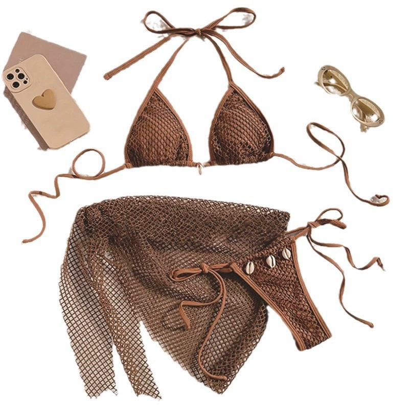 Women's Three-Piece Triangle Tie Bikini Set with Mesh Cover-Up Skirt view 5