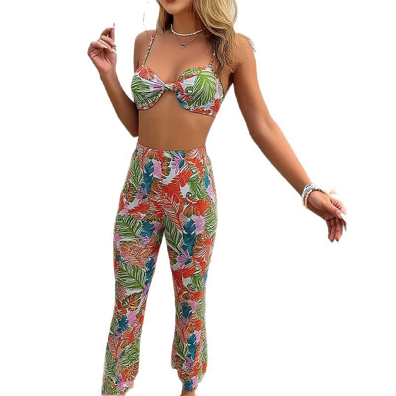 Women's Three Piece Twist Front Bikini Set with High Waist Pants view 5
