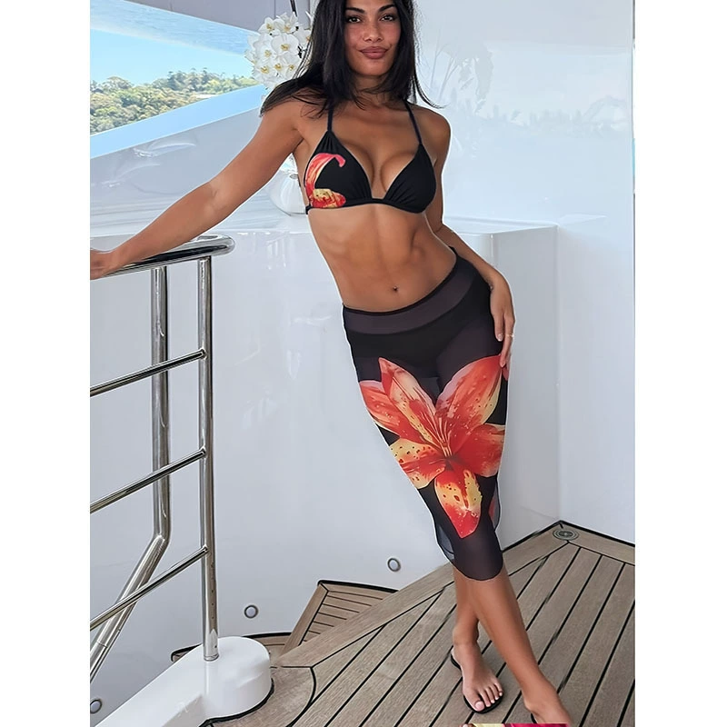 Women’s Three-Piece Triangle Bikini Set with Sheer Skirt