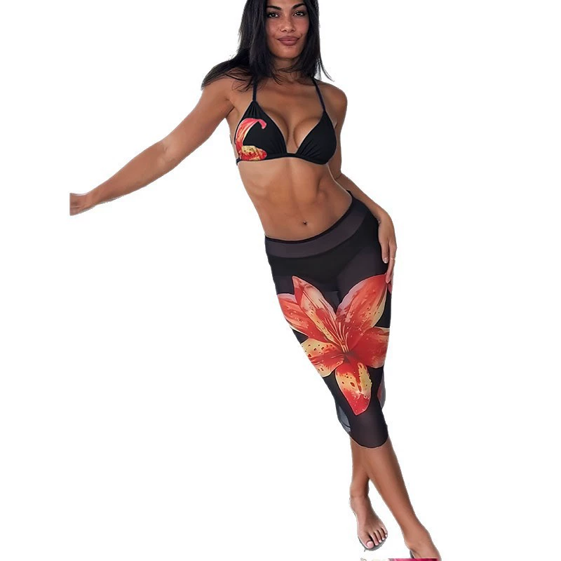 Women's Three-Piece Triangle Bikini Set with Sheer Skirt view 5