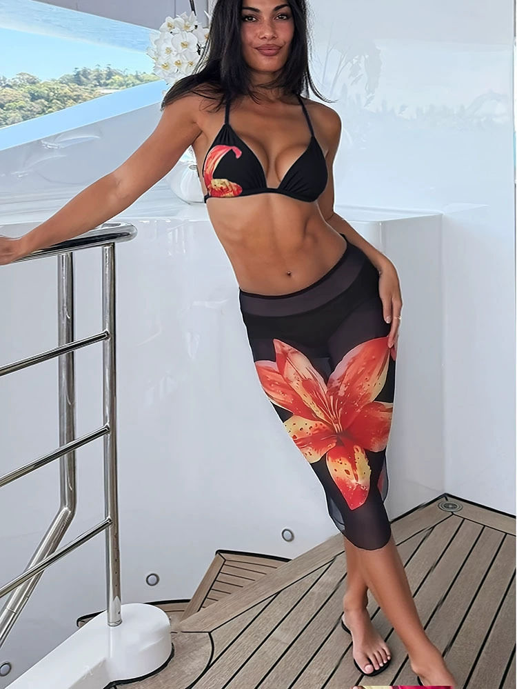 Women's Three-Piece Triangle Bikini Set with Sheer Skirt view 6