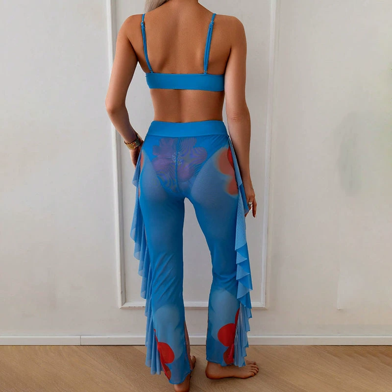 Women's Spaghetti Strap Bikini Set with Sheer Ruffled Cover-Up Pants view 3