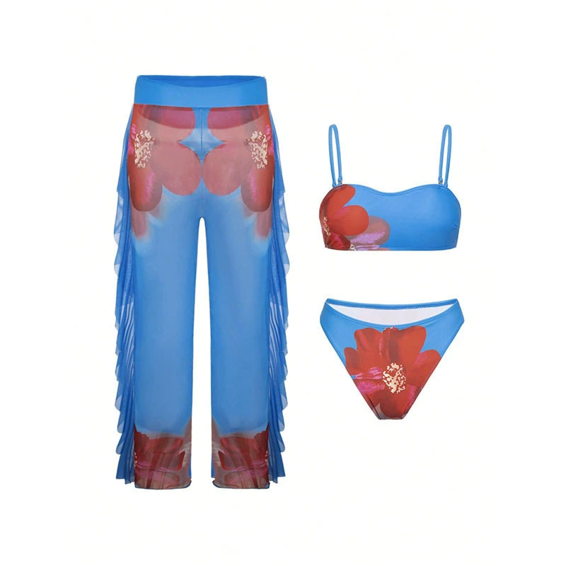 Women's Spaghetti Strap Bikini Set with Sheer Ruffled Cover-Up Pants view 5