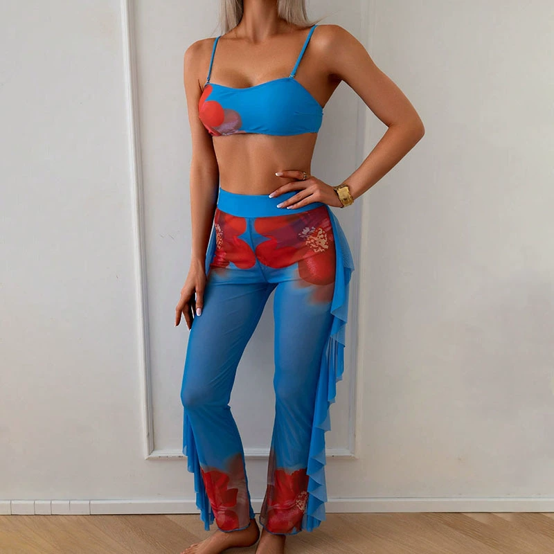 Women's Spaghetti Strap Bikini Set with Sheer Ruffled Cover-Up Pants view 6