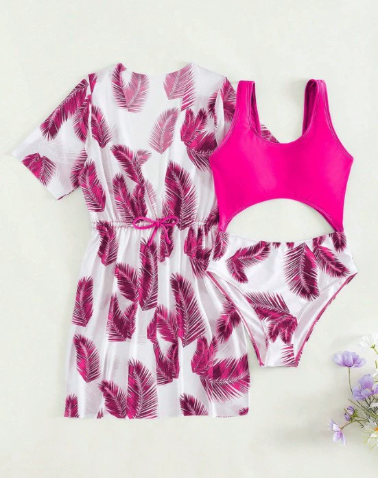 Three-Piece Swimsuit Set with Cutout One-Piece and Cover-Up Dress view 8