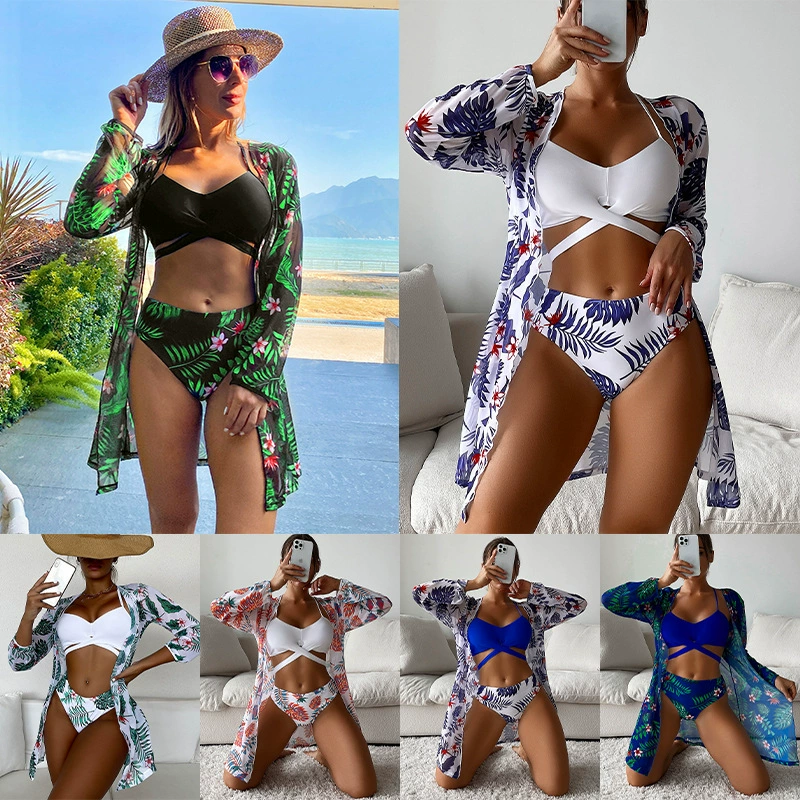 Women’s Three-Piece Bikini Set with Sheer Cover-Up