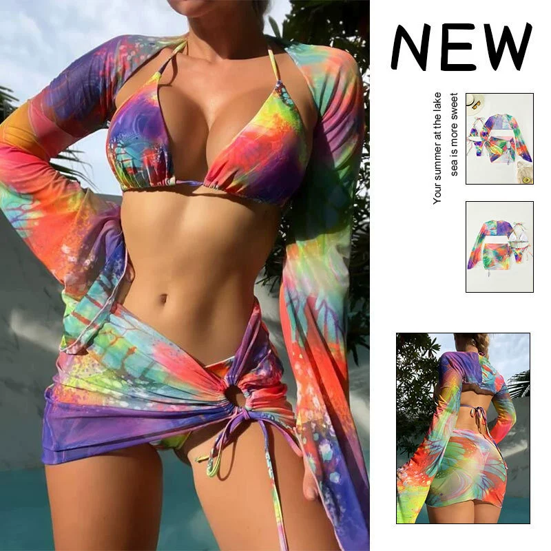 Three-Piece Long Sleeve Bikini Set with Cover-Up and Sarong