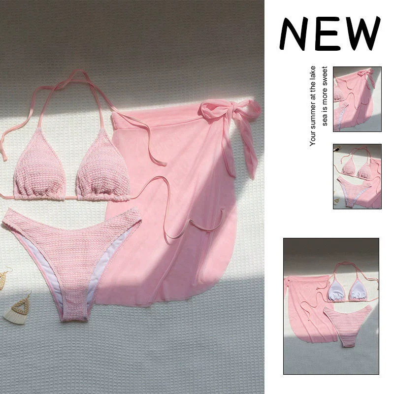 Three-Piece Bikini Set with Halter Top and Sarong