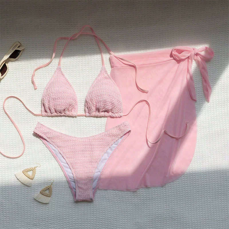 Three-Piece Bikini Set with Halter Top and Sarong