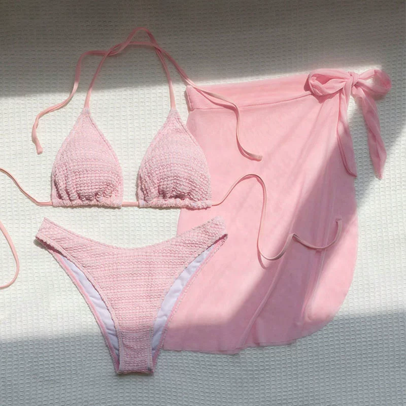 Three-Piece Bikini Set with Halter Top and Sarong view 3