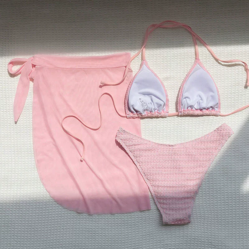 Three-Piece Bikini Set with Halter Top and Sarong view 4