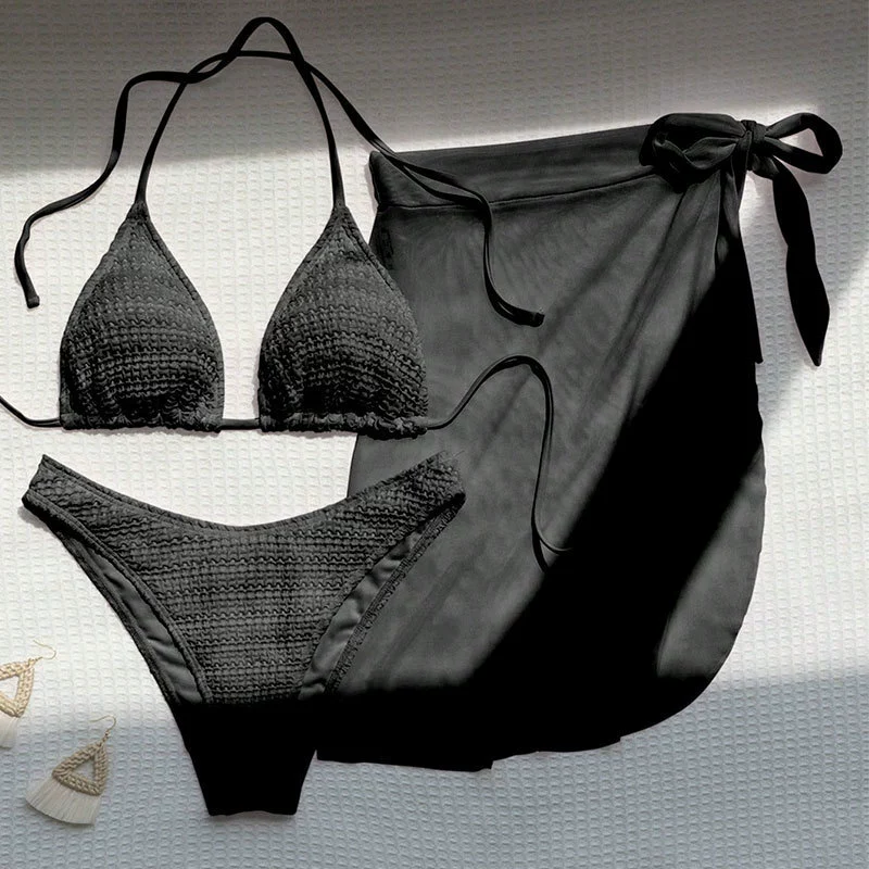 Three-Piece Bikini Set with Halter Top and Sarong view 7