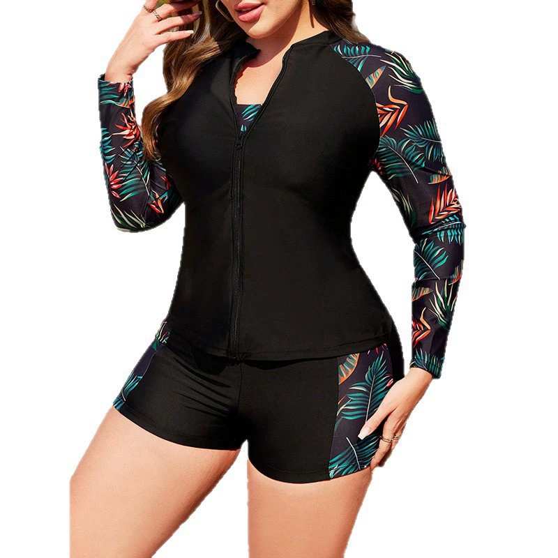 Three-Piece Zip Front Long Sleeve Swimsuit Set with Boyshorts view 5