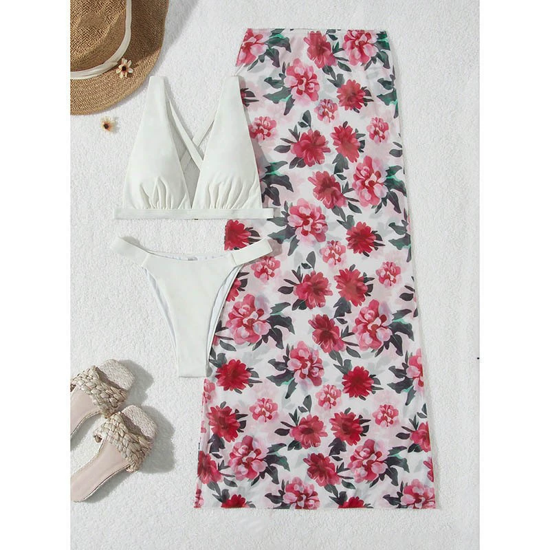 Women’s Triangle Bikini Set with Cover-Up Skirt