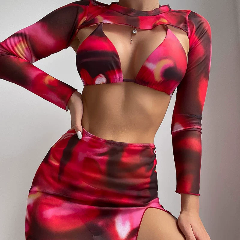 Women’s Three-Piece Bikini Set with Long-Sleeve Top and Skirt