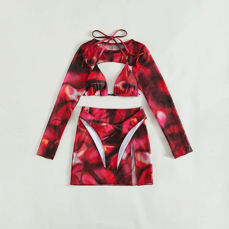 Women's Three-Piece Bikini Set with Long-Sleeve Top and Skirt view 4