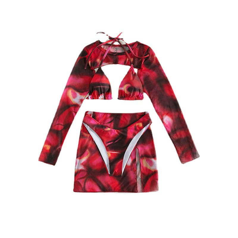 Women's Three-Piece Bikini Set with Long-Sleeve Top and Skirt view 5