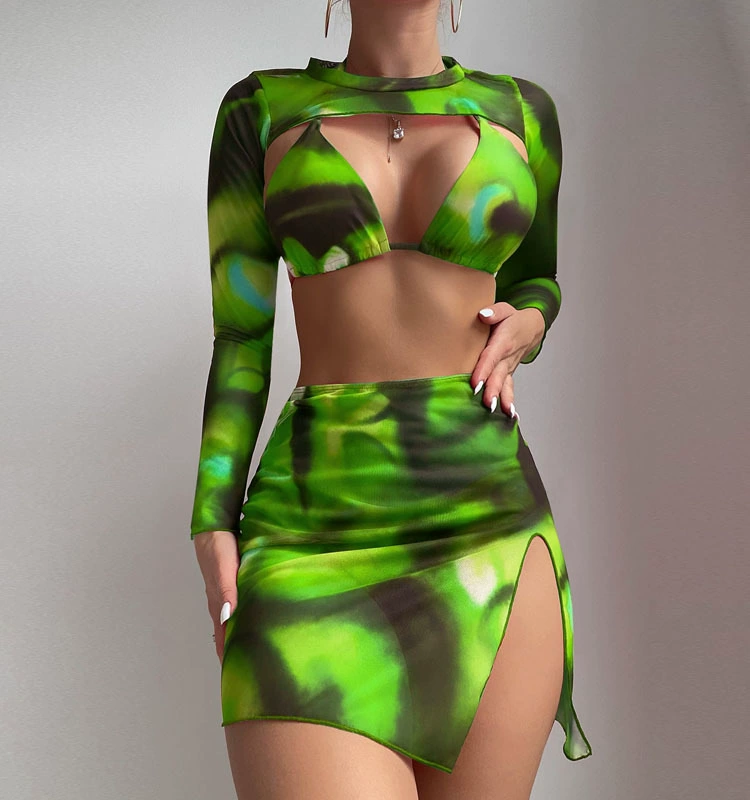 Women's Three-Piece Bikini Set with Long-Sleeve Top and Skirt view 7